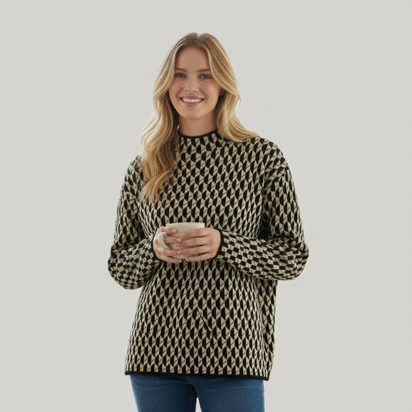 MAX STUDIO M Black Beige Diamond Knit Mock Neck Sweater Top Preppy Vintage Retro - Picture 1 of 9